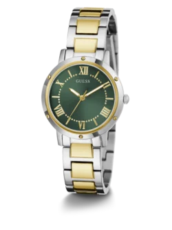 Montre Guess GW0404L5 Dawn femme en trois quarts, cadran vert, lunette dorée à vis et bracelet bicolore