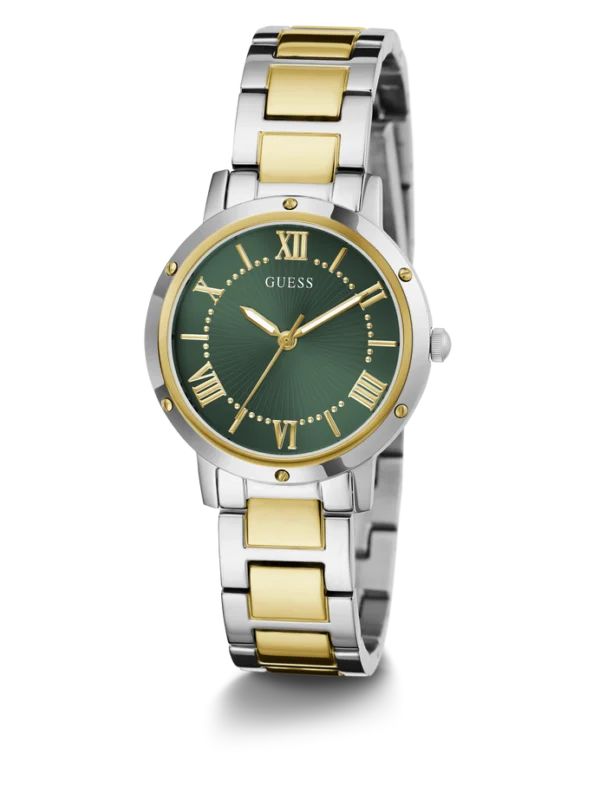 Montre Guess GW0404L5 Dawn femme en trois quarts, cadran vert, lunette dorée à vis et bracelet bicolore