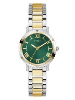 Montre Guess GW0404L5 Dawn femme bicolore, cadran vert sunray avec chiffres romains dorés