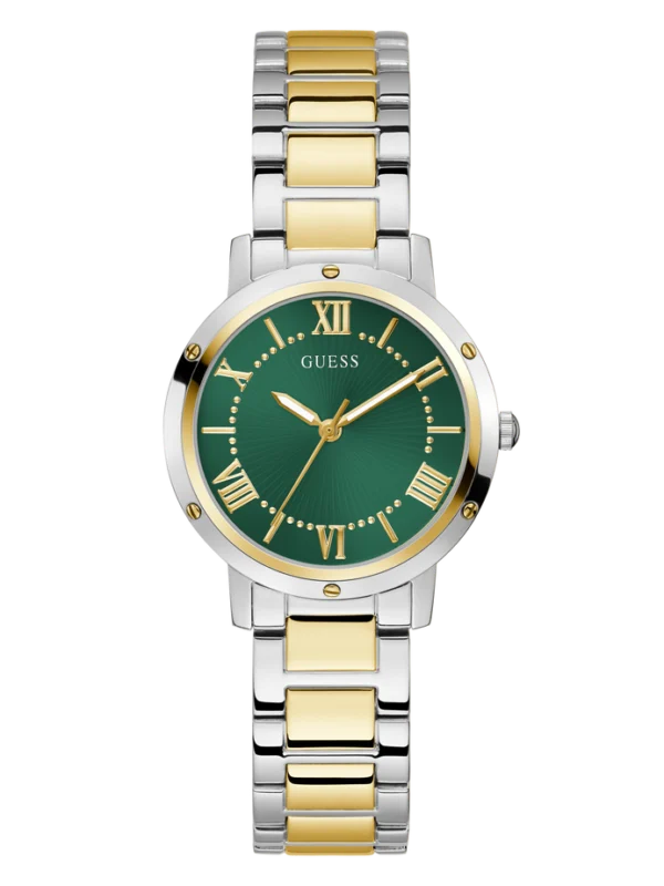 Montre Guess GW0404L5 Dawn femme bicolore, cadran vert sunray avec chiffres romains dorés