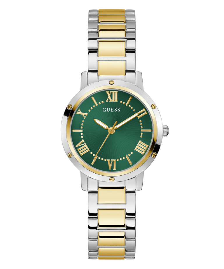 Montre Guess GW0404L5 Dawn Femme – vue de face Montre Guess GW0404L5 Dawn femme bicolore, cadran vert sunray avec chiffres romains dorés