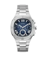 Montre Guess GW0572G1 Headline homme vue de face, cadran bleu à trois compteurs et bracelet en acier argenté
