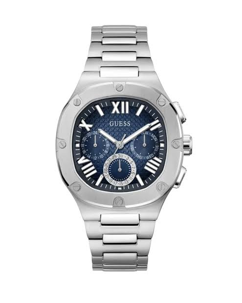 Montre Guess GW0572G1 Headline homme vue de face, cadran bleu à trois compteurs et bracelet en acier argenté