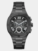 Montre Guess GW0572G3 Headline homme vue de face, boîtier et bracelet en acier noir, cadran noir à compteurs