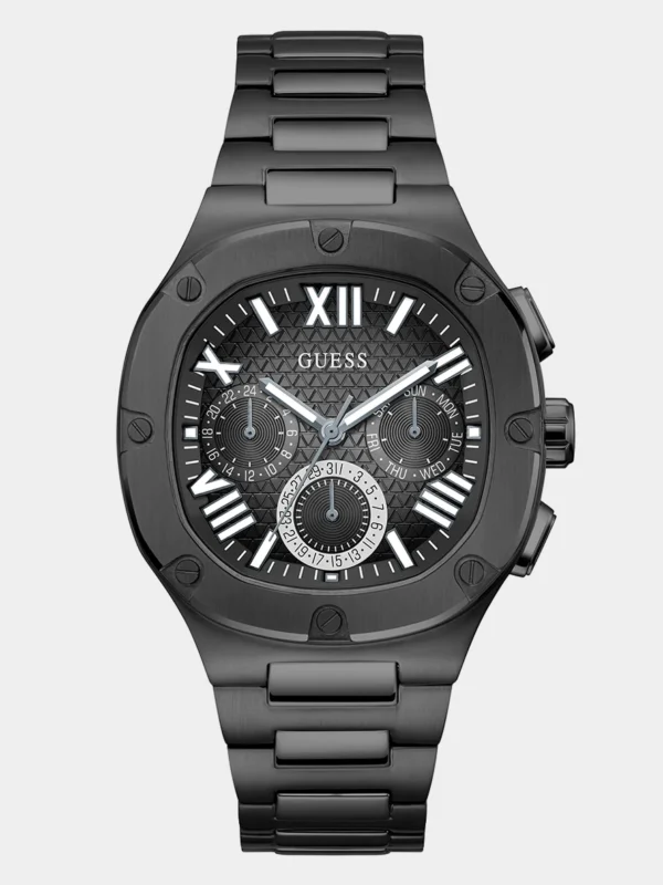 Montre Guess GW0572G3 Headline homme vue de face, boîtier et bracelet en acier noir, cadran noir à compteurs