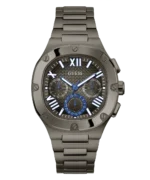 Montre Guess GW0572G5 Headline homme vue de face, boîtier carré gunmetal à vis et cadran gris aux accents bleus