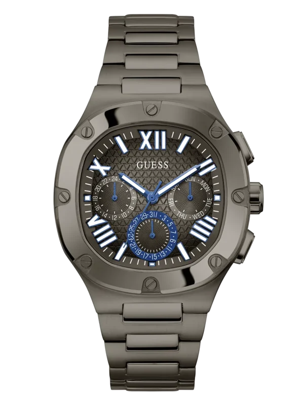 Montre Guess GW0572G5 Headline homme vue de face, boîtier carré gunmetal à vis et cadran gris aux accents bleus