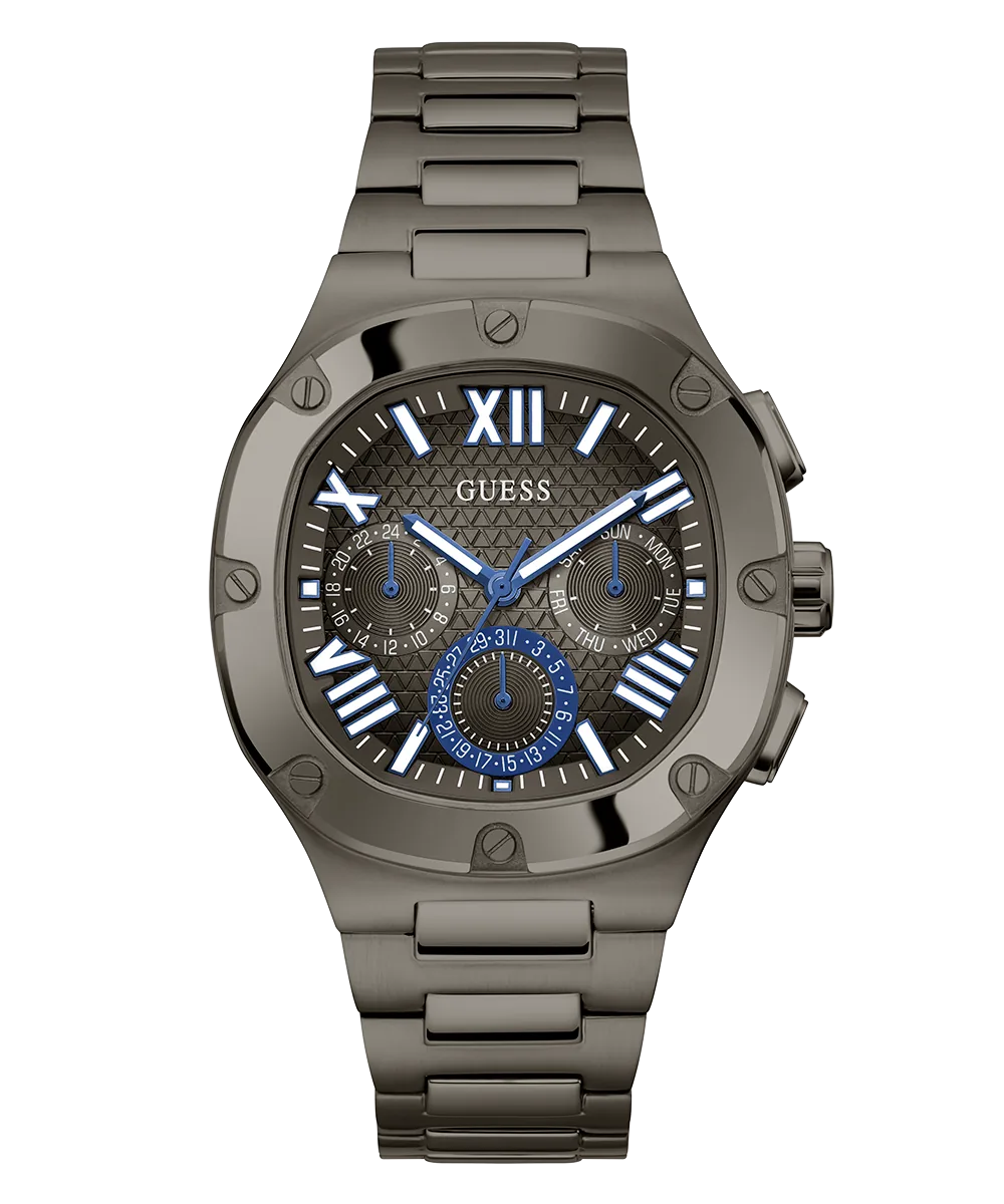 Montre Guess GW0572G5 Headline Homme – vue de face Montre Guess GW0572G5 Headline homme vue de face, boîtier carré gunmetal à vis et cadran gris aux accents bleus