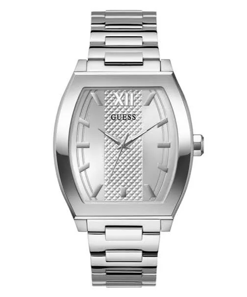 Montre Guess GW0705G1 homme vue de face, boîtier rectangulaire argenté, cadran texturé et bracelet en acier