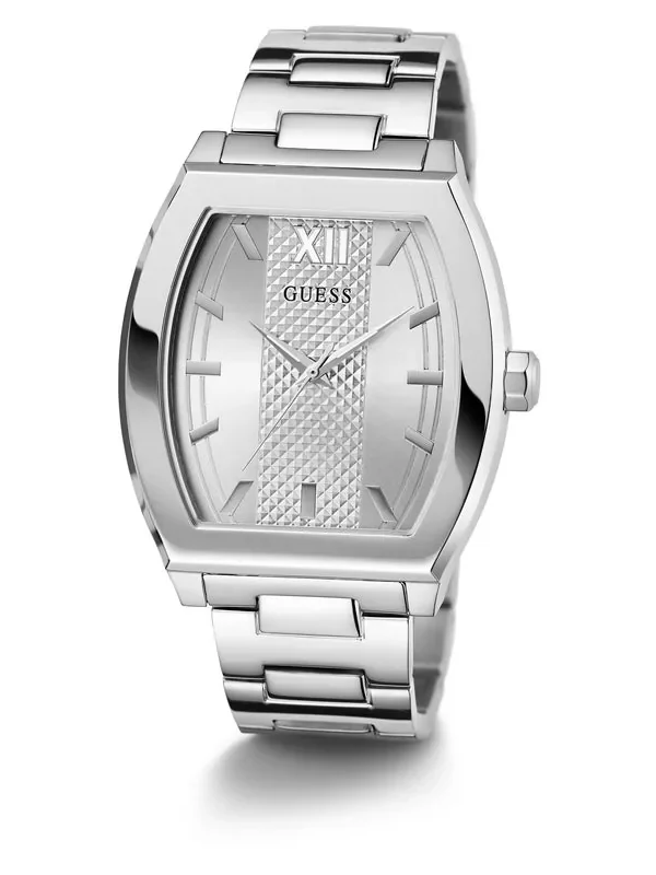 Montre Guess GW0705G1 homme en vue inclinée, boîtier poli, couronne et bracelet à trois maillons argentés