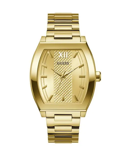 Montre Guess GW0705G3 homme vue de face, boîtier rectangulaire doré, cadran champagne texturé