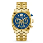 Montre Guess GW0714G2 Resistance vue de face, boîtier doré, cadran bleu texturé et couronne bleue