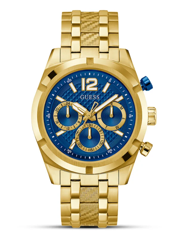 Montre Guess GW0714G2 Resistance vue de face, boîtier doré, cadran bleu texturé et couronne bleue