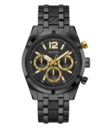 Montre Guess GW0714G4 Resistance vue de face, cadran noir texturé à sous-cadrans dorés et bracelet acier noir