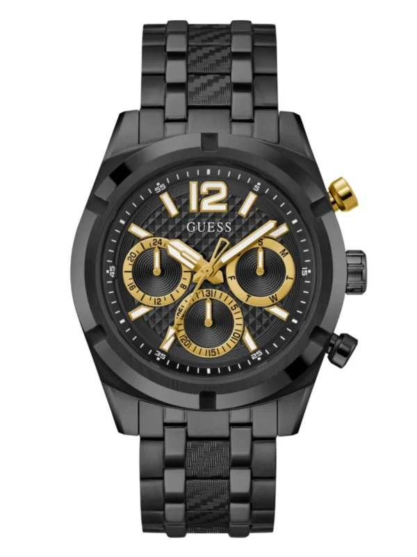 Montre Guess GW0714G4 Resistance vue de face, cadran noir texturé à sous-cadrans dorés et bracelet acier noir