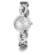 Montre Guess GW0759L1 femme en trois quarts, cadran argenté, lunette crantée et maillons G avec pierre sertie