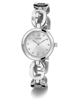 Montre Guess GW0759L1 femme en trois quarts, cadran argenté, lunette crantée et maillons G avec pierre sertie
