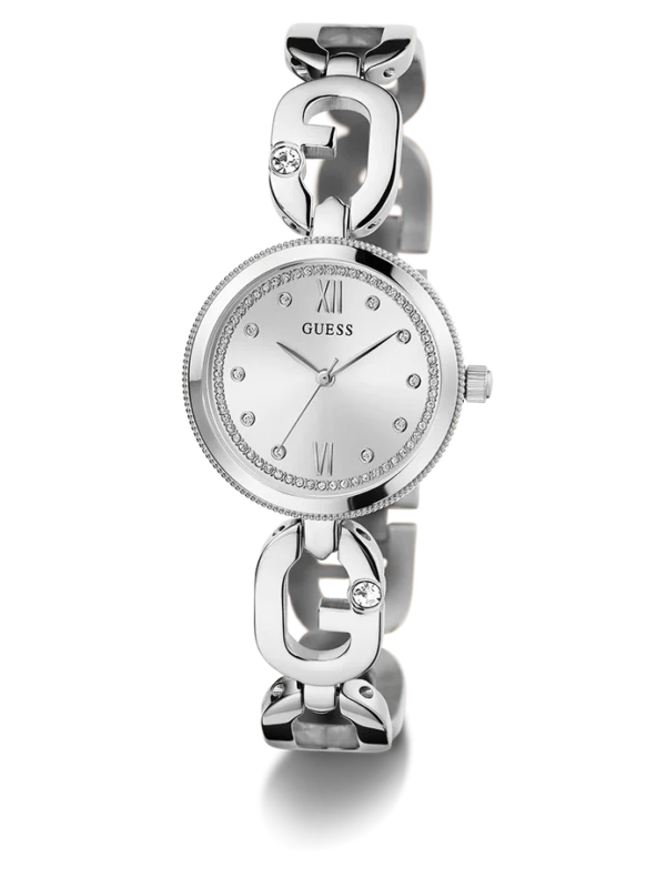 Montre Guess GW0759L1 femme en trois quarts, cadran argenté, lunette crantée et maillons G avec pierre sertie