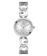 Montre Guess GW0759L1 femme argentée vue de face, cadran argenté cerclé de cristaux et bracelet à maillons G