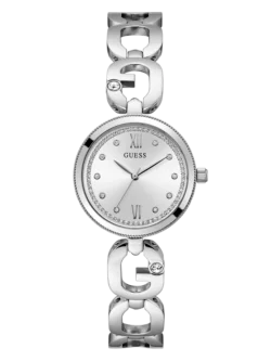 Montre Guess GW0759L1 femme argentée vue de face, cadran argenté cerclé de cristaux et bracelet à maillons G
