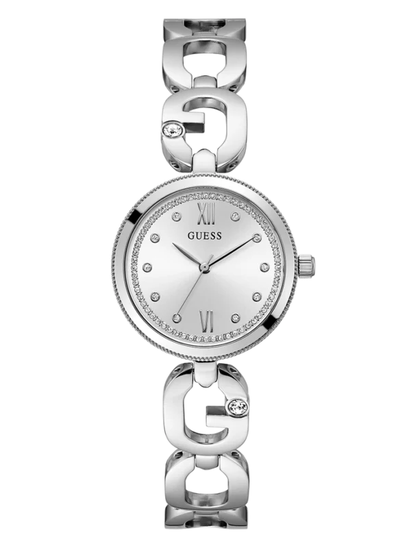 Montre Guess GW0759L1 femme argentée vue de face, cadran argenté cerclé de cristaux et bracelet à maillons G