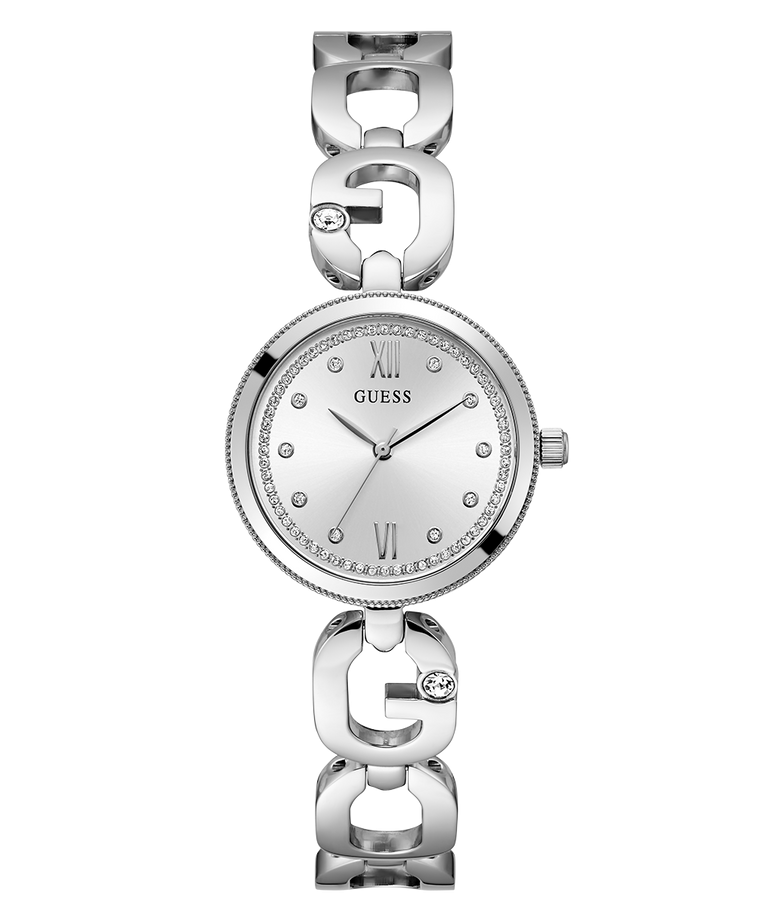 Montre Guess GW0759L1 Femme – vue de face Montre Guess GW0759L1 femme argentée vue de face, cadran argenté cerclé de cristaux et bracelet à maillons G