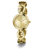 Montre Guess GW0759L2 femme dorée en trois quarts, cadran champagne, lunette crantée et maillons G sertis