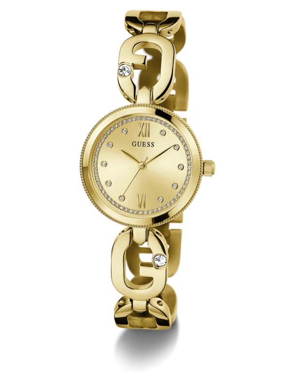 Montre Guess GW0759L2 femme dorée en trois quarts, cadran champagne, lunette crantée et maillons G sertis