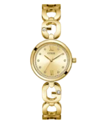 Montre Guess GW0759L2 femme dorée vue de face, cadran champagne cerclé de cristaux et bracelet à maillons G