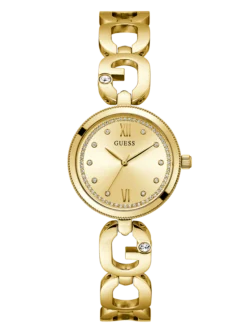 Montre Guess GW0759L2 femme dorée vue de face, cadran champagne cerclé de cristaux et bracelet à maillons G