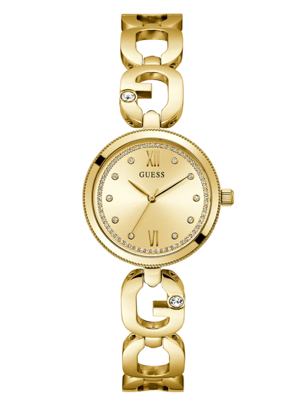Montre Guess GW0759L2 femme dorée vue de face, cadran champagne cerclé de cristaux et bracelet à maillons G