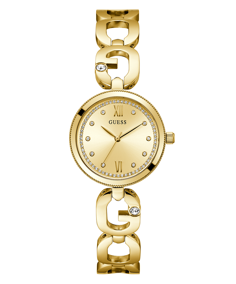 Montre Guess GW0759L2 Femme – vue de face Montre Guess GW0759L2 femme dorée vue de face, cadran champagne cerclé de cristaux et bracelet à maillons G