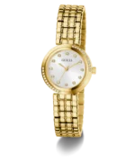 Montre Guess GW0930L2 femme dorée en trois quarts, cadran blanc, cristaux sur la lunette et bracelet texturé