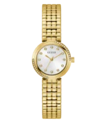 Montre Guess GW0930L2 femme dorée vue de face, cadran blanc sunray, index à cristaux et lunette sertie