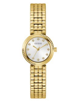 Montre Guess GW0930L2 femme dorée vue de face, cadran blanc sunray, index à cristaux et lunette sertie