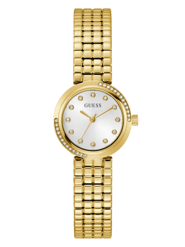 Montre Guess GW0930L2 femme dorée vue de face, cadran blanc sunray, index à cristaux et lunette sertie