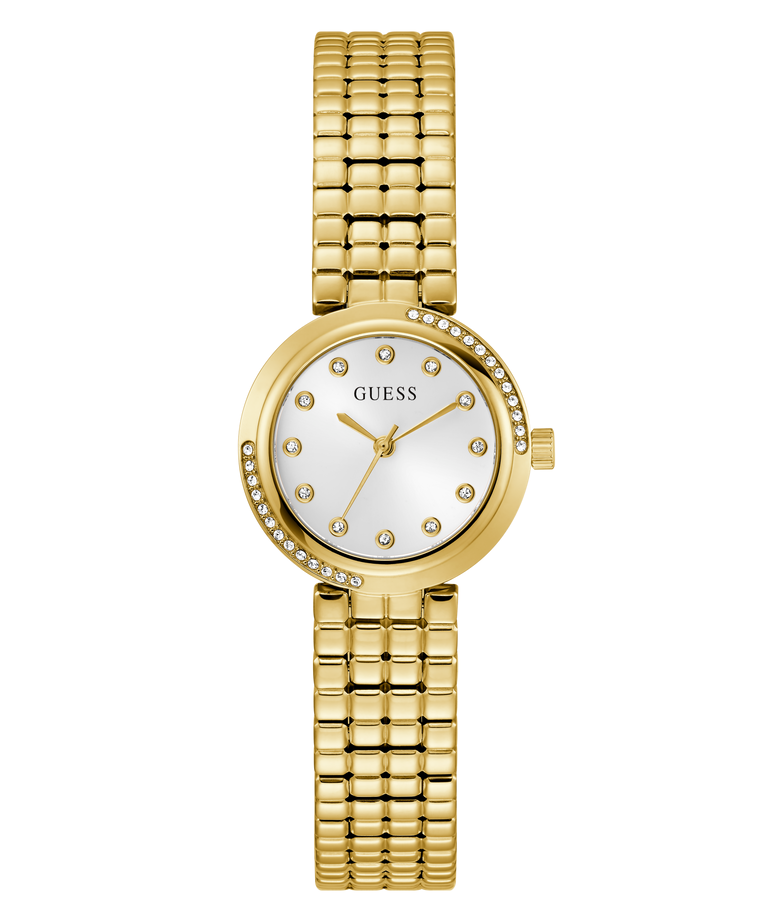 Montre Guess GW0930L2 Femme – vue de face Montre Guess GW0930L2 femme dorée vue de face, cadran blanc sunray, index à cristaux et lunette sertie