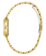 Montre Guess GW0930L2 femme dorée vue de profil, boîtier fin avec cristaux sur la lunette et fermoir déployant