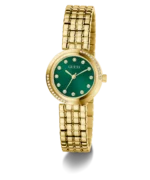 Montre Guess GW0930L6 femme dorée en trois quarts, cadran vert émeraude sunray et cristaux sur la lunette