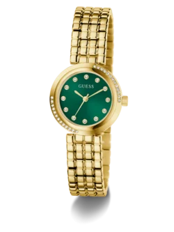 Montre Guess GW0930L6 femme dorée en trois quarts, cadran vert émeraude sunray et cristaux sur la lunette