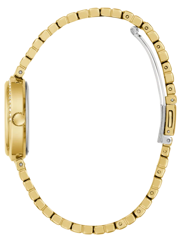 Montre Guess GW0930L6 femme dorée vue de profil, boîtier fin avec cristaux sur la lunette et fermoir déployant