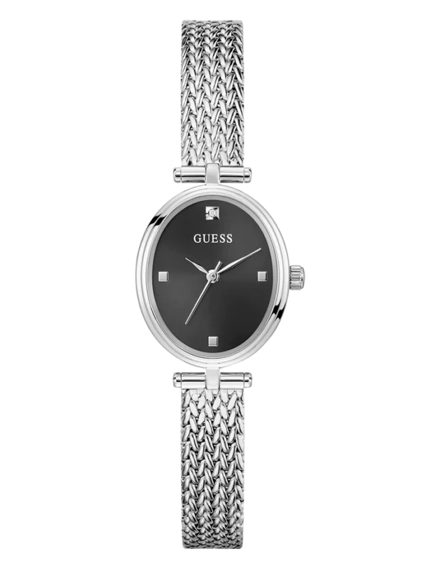 Montre Guess GW0935L1 femme ovale argentée, cadran noir et bracelet maille acier, vue de face