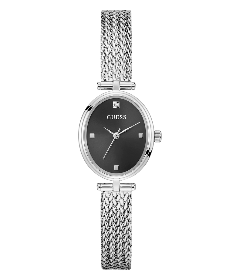 Montre Guess GW0935L1 Ruby Femme – vue de face Montre Guess GW0935L1 femme ovale argentée, cadran noir et bracelet maille acier, vue de face
