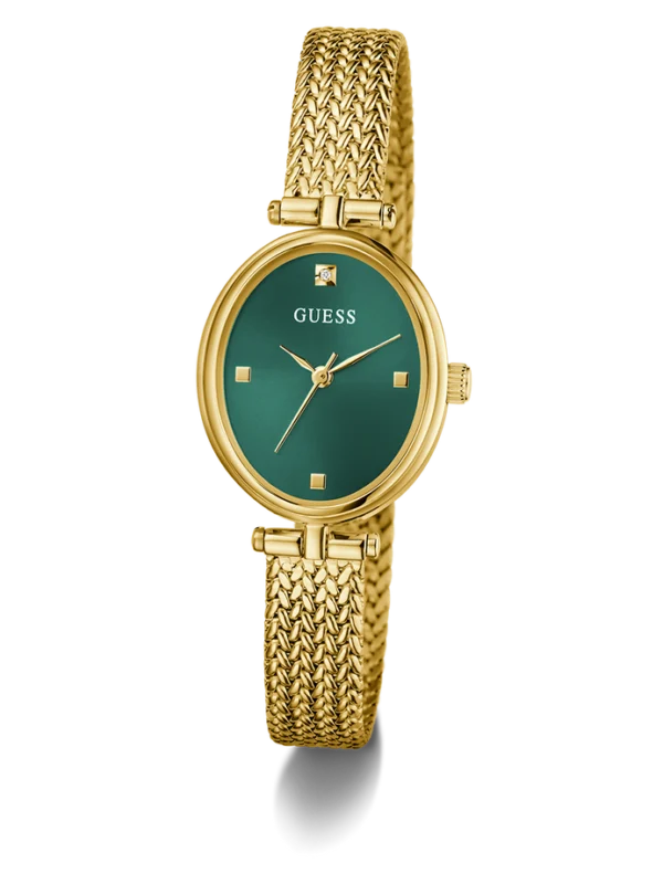 Montre Guess GW0935L2 femme ovale dorée, cadran vert et bracelet maille acier doré, vue de face