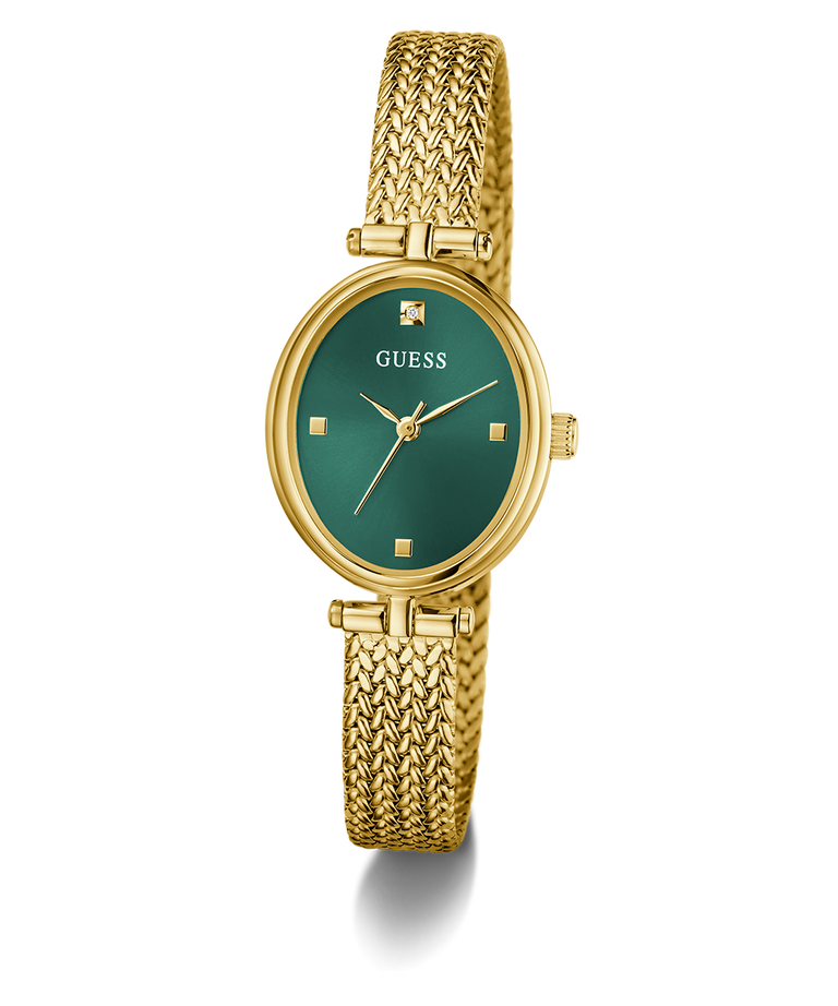 Montre Guess GW0935L2 Ruby Femme – vue de face Montre Guess GW0935L2 femme ovale dorée, cadran vert et bracelet maille acier doré, vue de face