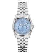 Montre Guess GW0936L1 femme argentée, cadran bleu glacier, lunette cannelée et bracelet jubilé, vue de face