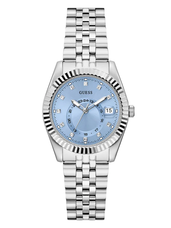 Montre Guess GW0936L1 femme argentée, cadran bleu glacier, lunette cannelée et bracelet jubilé, vue de face