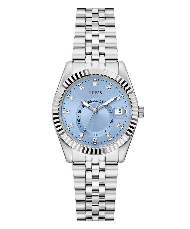 Montre Guess GW0936L1 Jada Femme – vue de face Montre Guess GW0936L1 femme argentée, cadran bleu glacier, lunette cannelée et bracelet jubilé, vue de face