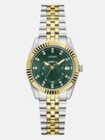 Montre Guess GW0936L3 Jada femme vue de face, cadran vert à strass, lunette cannelée dorée et bracelet bicolore