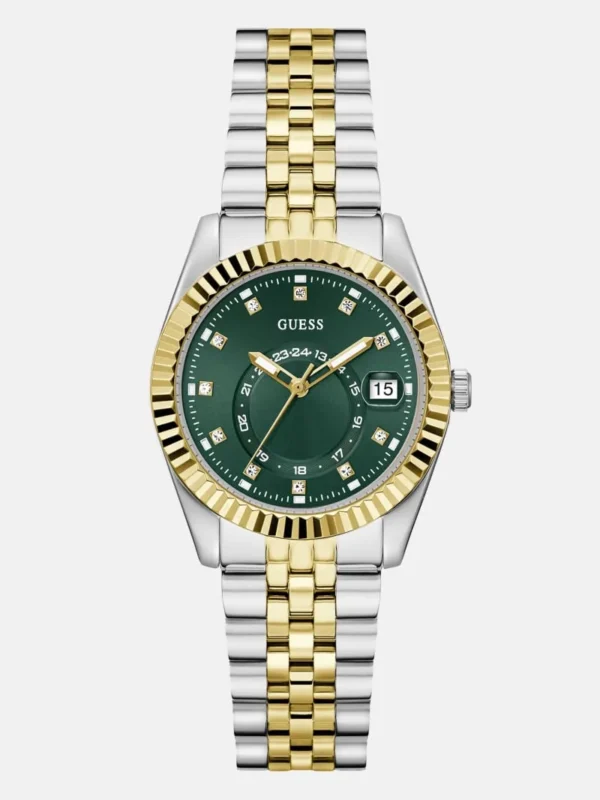 Montre Guess GW0936L3 Jada femme vue de face, cadran vert à strass, lunette cannelée dorée et bracelet bicolore